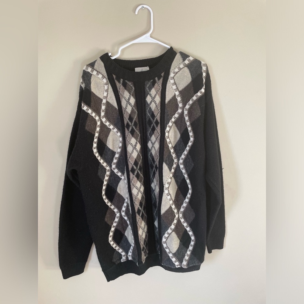 Vintage London Fog Black and Gray Argyle Sweater size XL NWOT